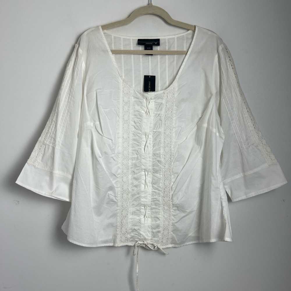NEW‎ Lane Bryant Venezia 18/20 Off Ivory Pintuck Lace Up 3/4 Wide Sleeve Blouse